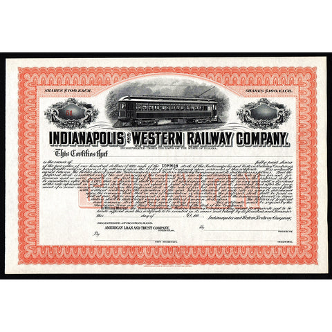 Indianapolis and Western Railway Company Indiana Stock Certificate