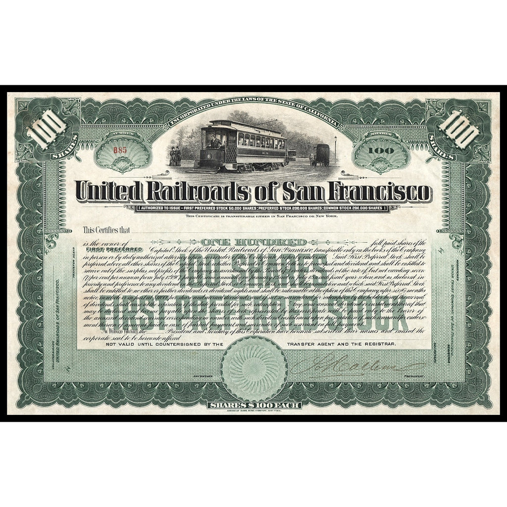 United Railroads of San Francisco California 1907 Stock Certificate