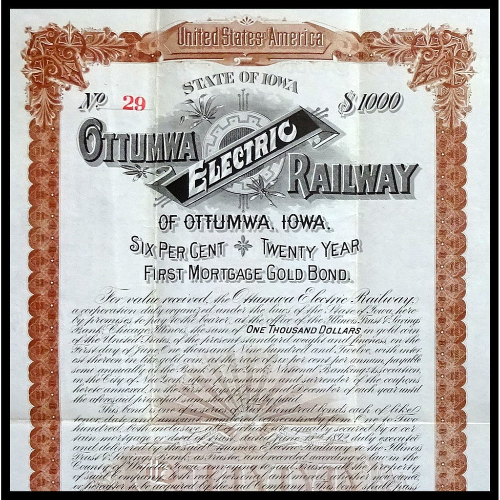 Ottumwa Electric Railway of Ottumwa, Iowa 1892 Gold Bond Certificate
