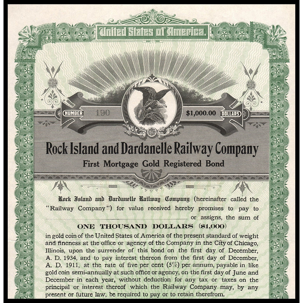 Rock Island and Dardanelle Railway Company Illinois Gold Bond Certificate