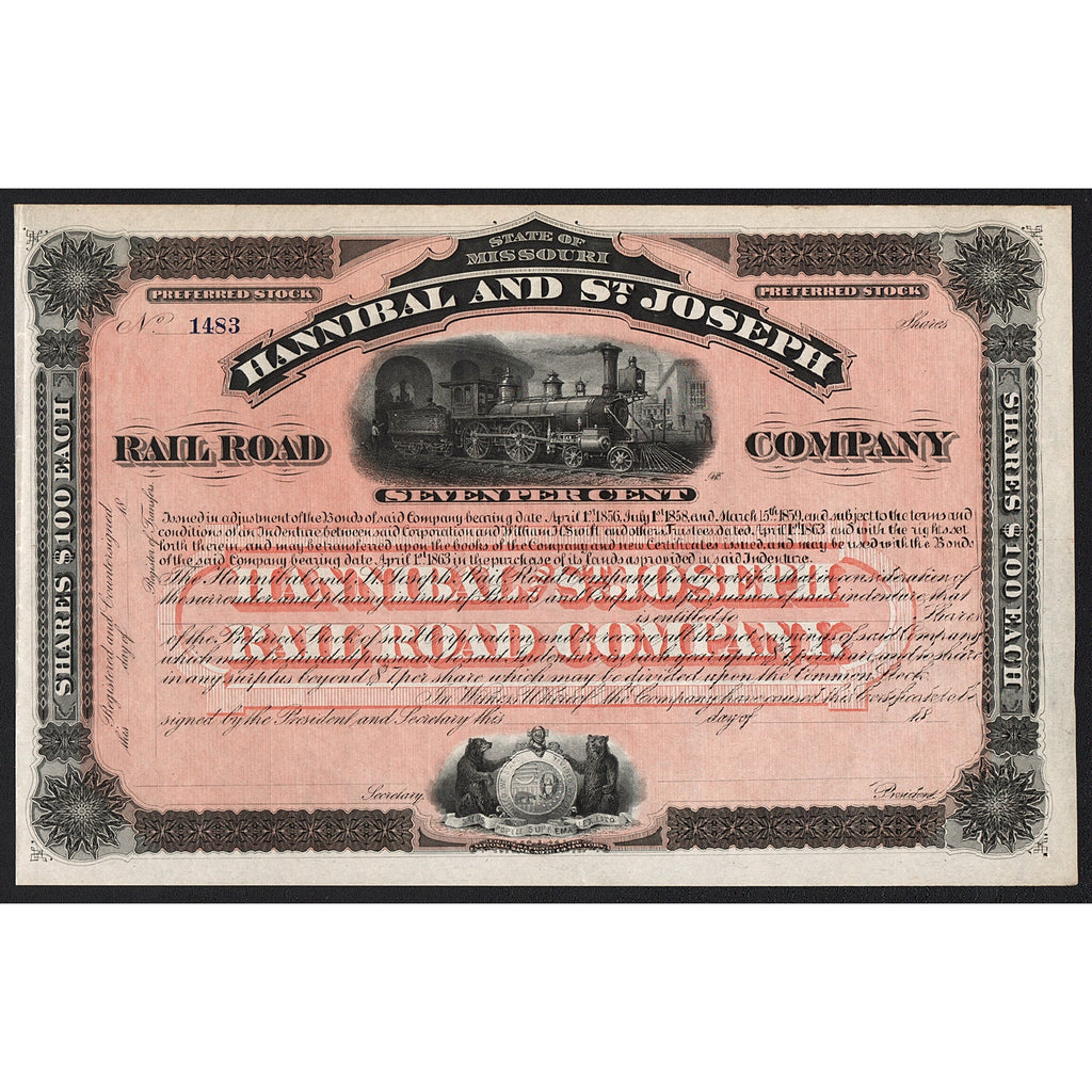 Hannibal and St. Joseph Rail Road Company Missouri Stock Certificate