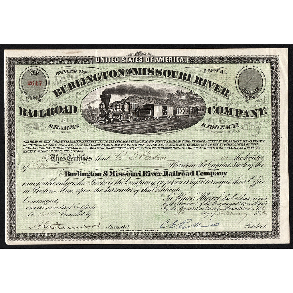 Burlington and Missouri River Railroad Company Iowa 1899 Stock Certificate