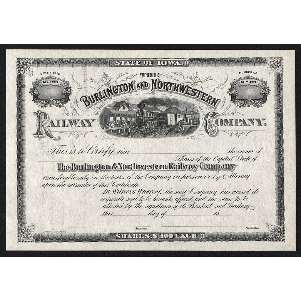 The Burlington and Northwestern Railway Company Iowa Stock Certificate