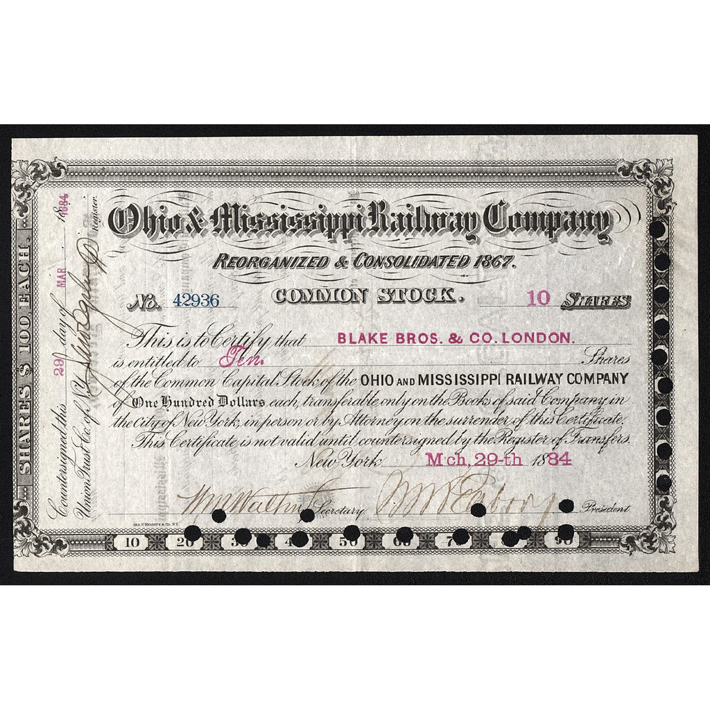 Ohio & Mississippi Railway Company Stock Certificate