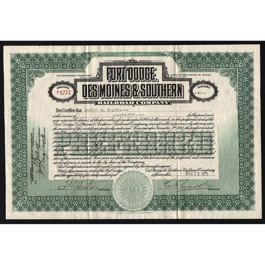 Fort Dodge, Des Moines & Southern Railroad Company Maine Stock Certificate