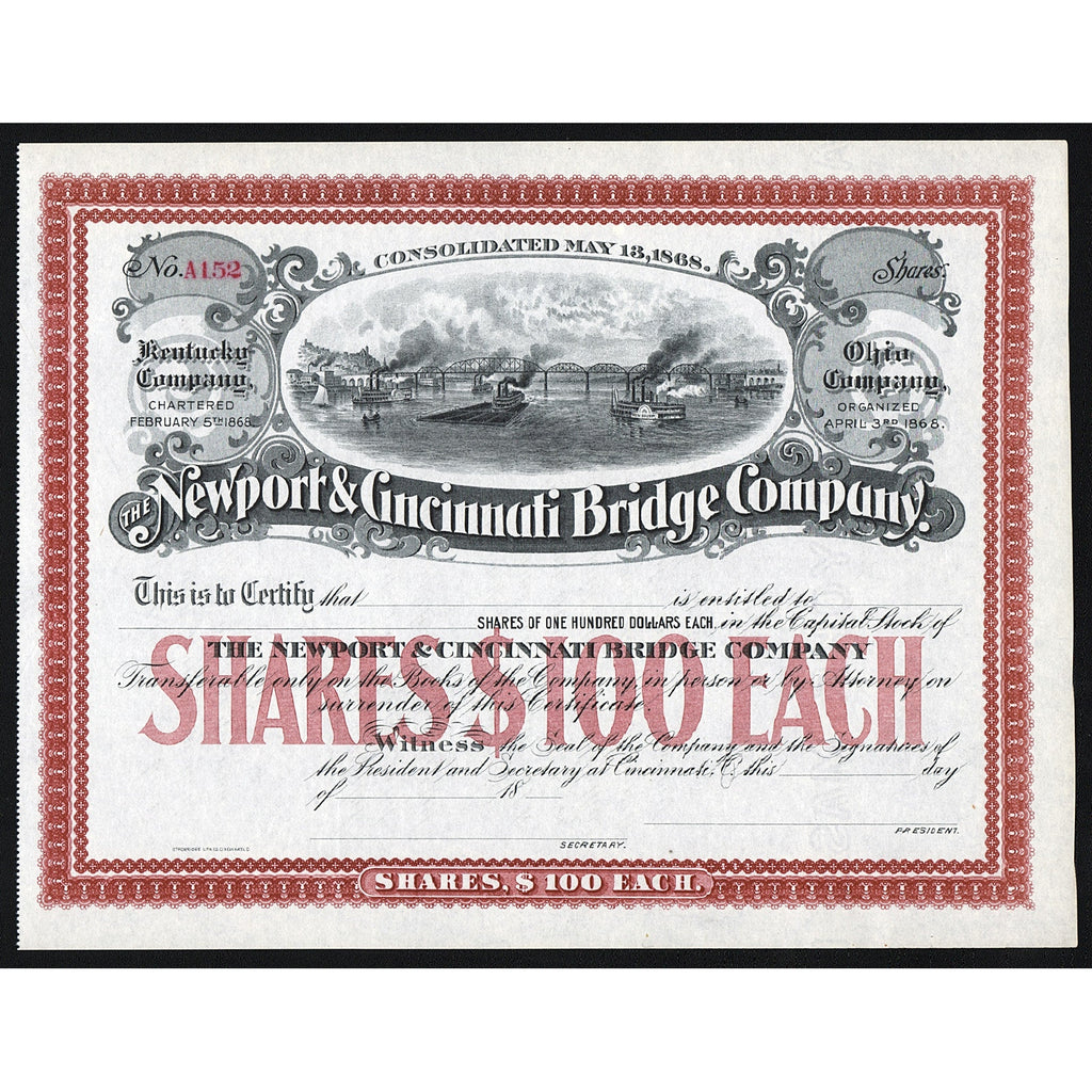 The Newport & Cincinnati Bridge Company Kentucky Ohio Stock Certificate