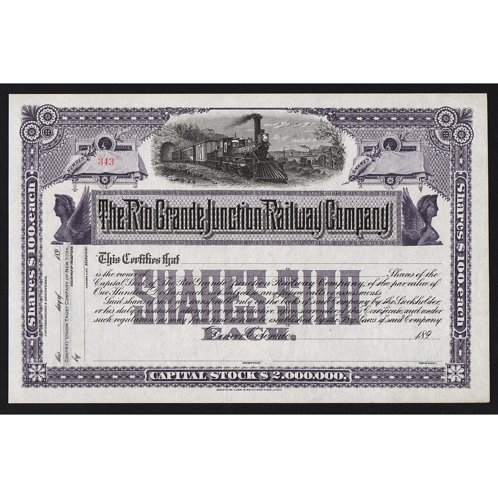 The Rio Grande Junction Railway Company Colorado Stock Certificate