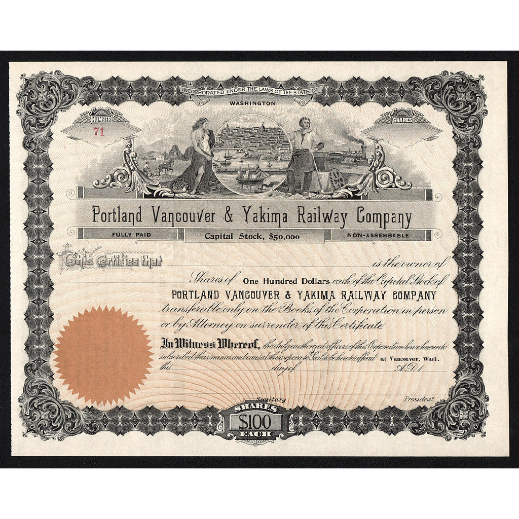 Portland Vancouver & Yakima Railway Company Washington Stock Certificate
