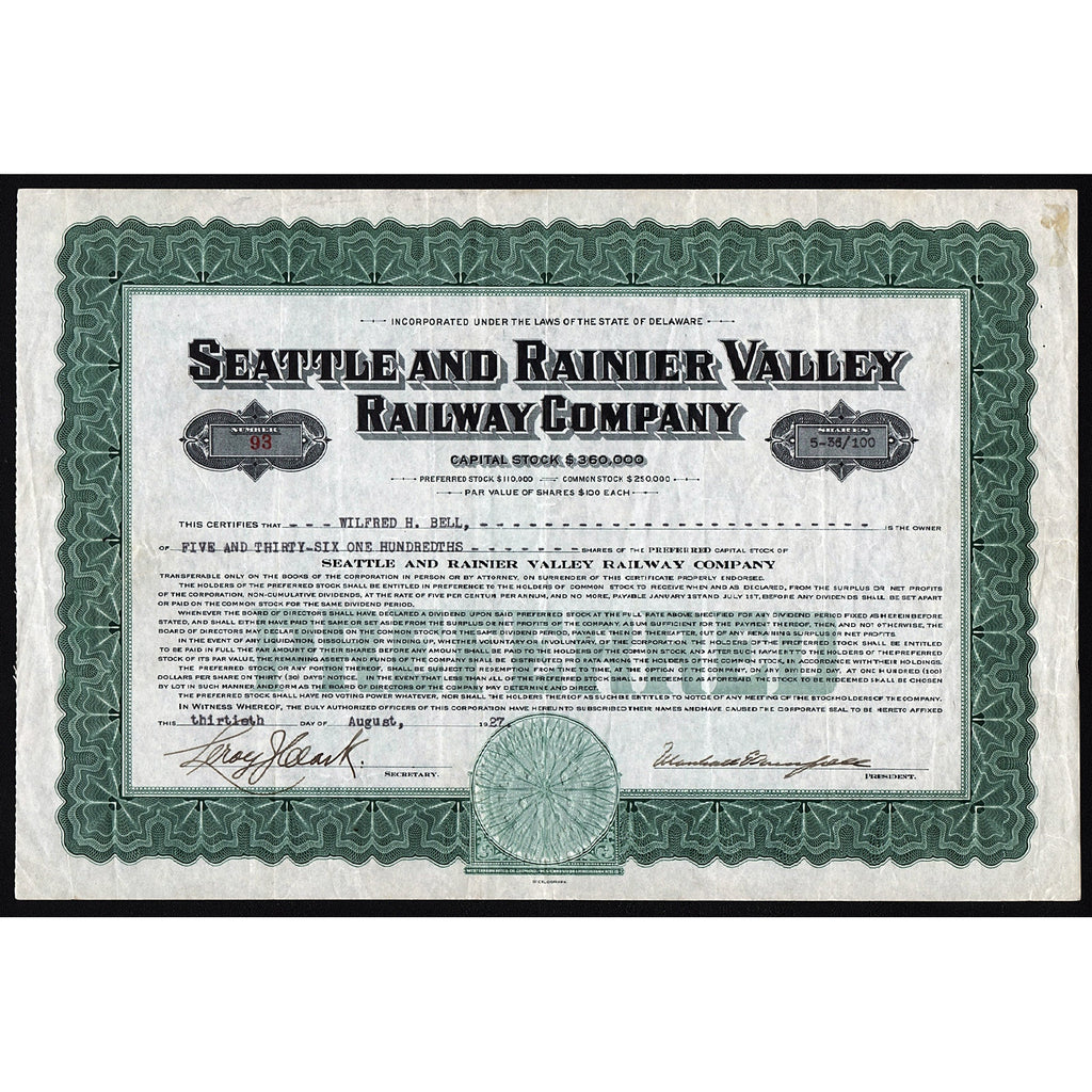 Seattle and Rainier Valley Railway Company Washington Stock Certificate