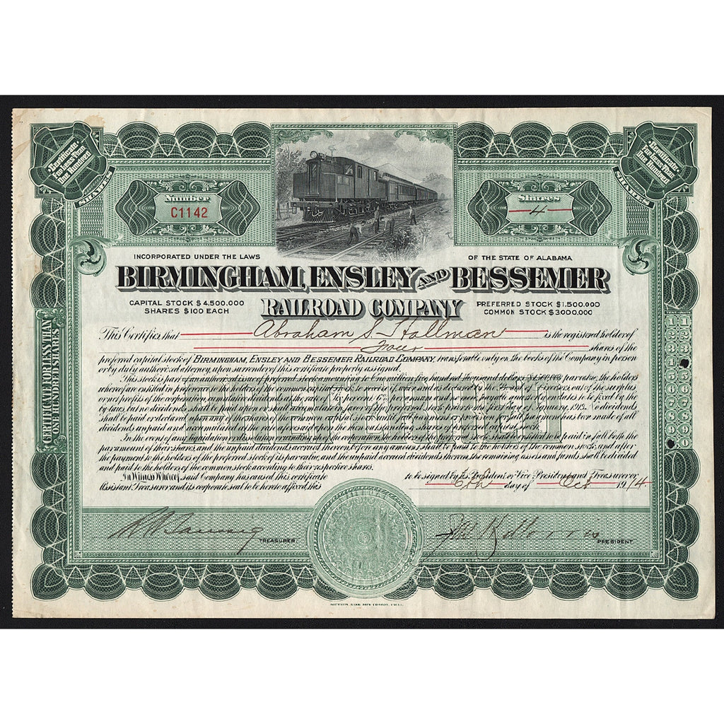 Birmingham, Ensley and Bessemer Railroad Company Alabama Stock Certificate