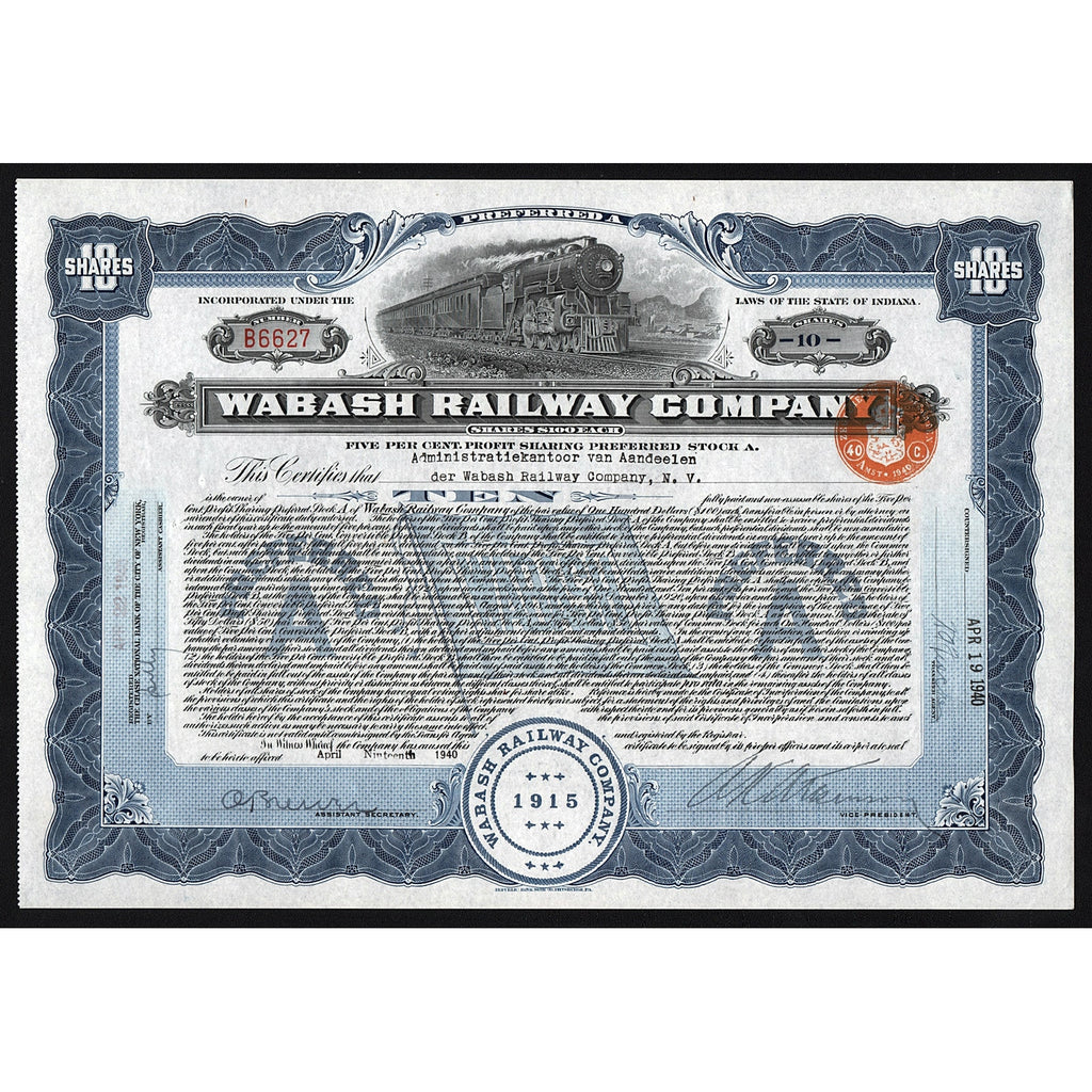 Wabash Railway Company Indiana Stock Certificate
