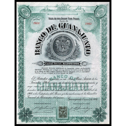Banco de Guanajuato Sociedad Anonima Mexico 1906 Stock Certificate