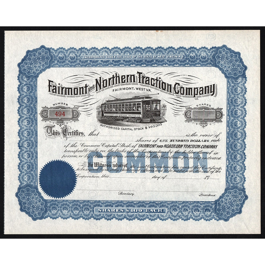 Fairmont and Northern Traction Company West Virginia Stock Certificate