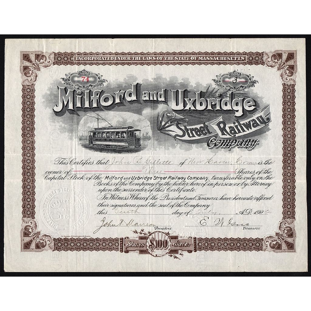 Milford and Uxbridge Street Railway Company Massachusetts Stock Certificate
