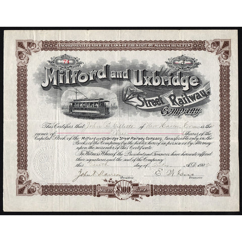Milford and Uxbridge Street Railway Company Massachusetts Stock Certificate