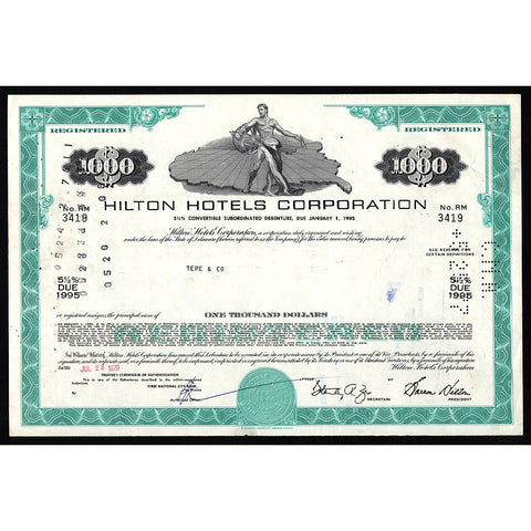 Hilton Hotels Corporation Stock Bond Certificate