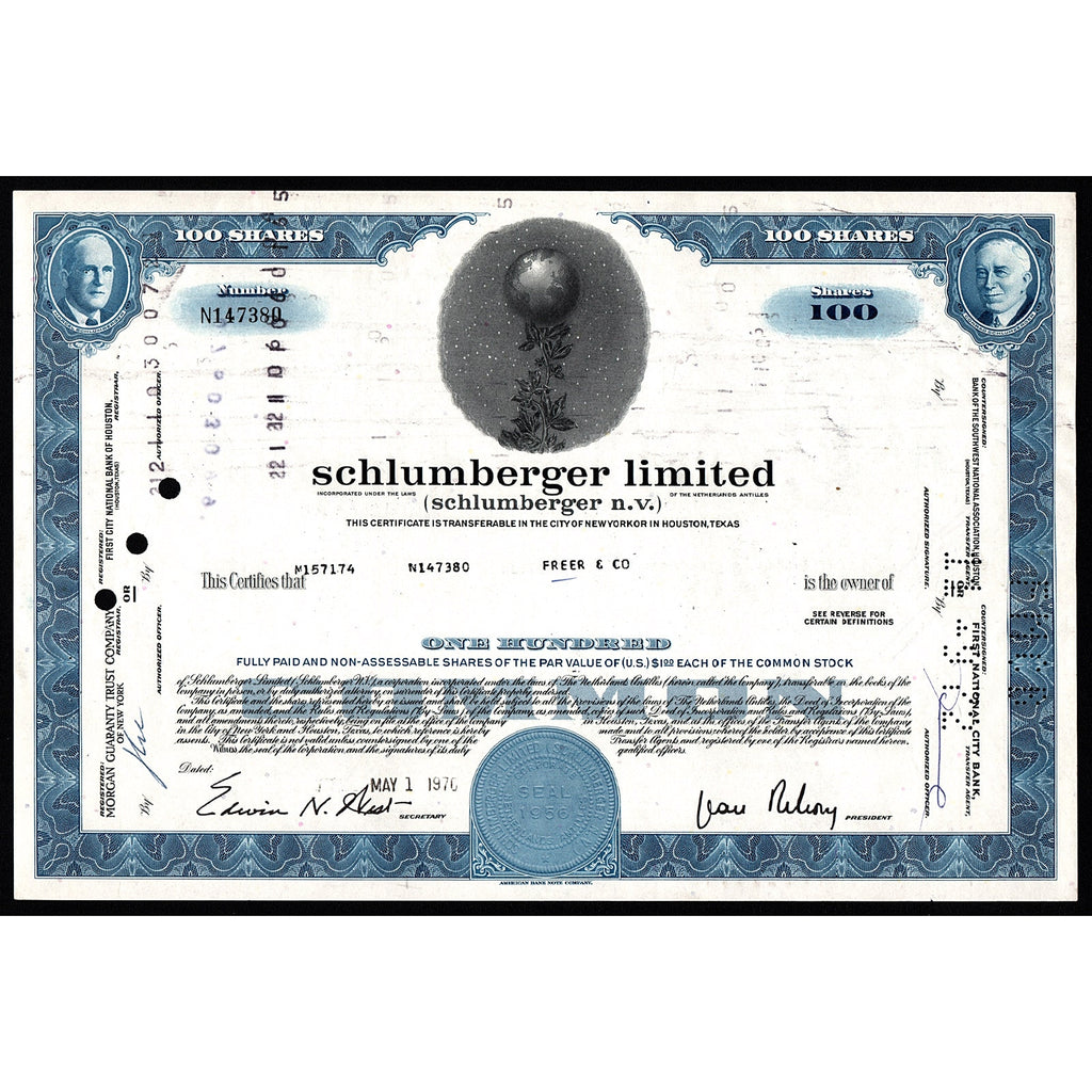 Schlumberger Limited Netherlands Antilles Oil Exploration Stock Certificate