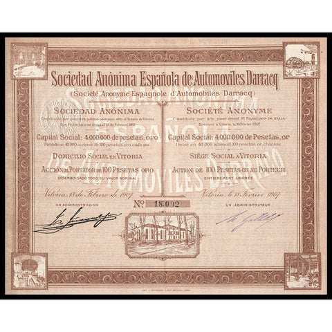 Sociedad Anonima Espanola de Automoviles Darracq 1907 Stock Certificate