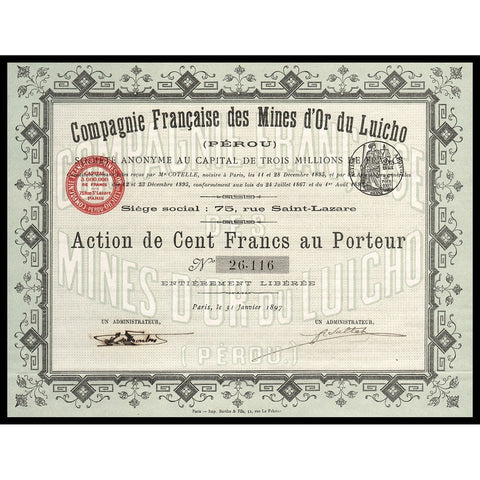 Compagnie Francaise des Mines d'Or du Luicho Peru Stock Certificate