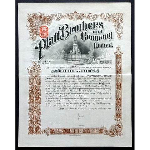 Platt Brothers and Company Limited Waterlow Debenture Bond CertificatePlatt Brothers and Company Limited Waterlow Debenture