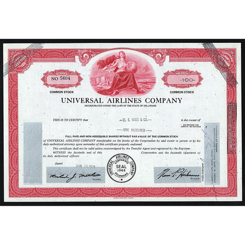 Universal Airlines Company Stock Certificate
