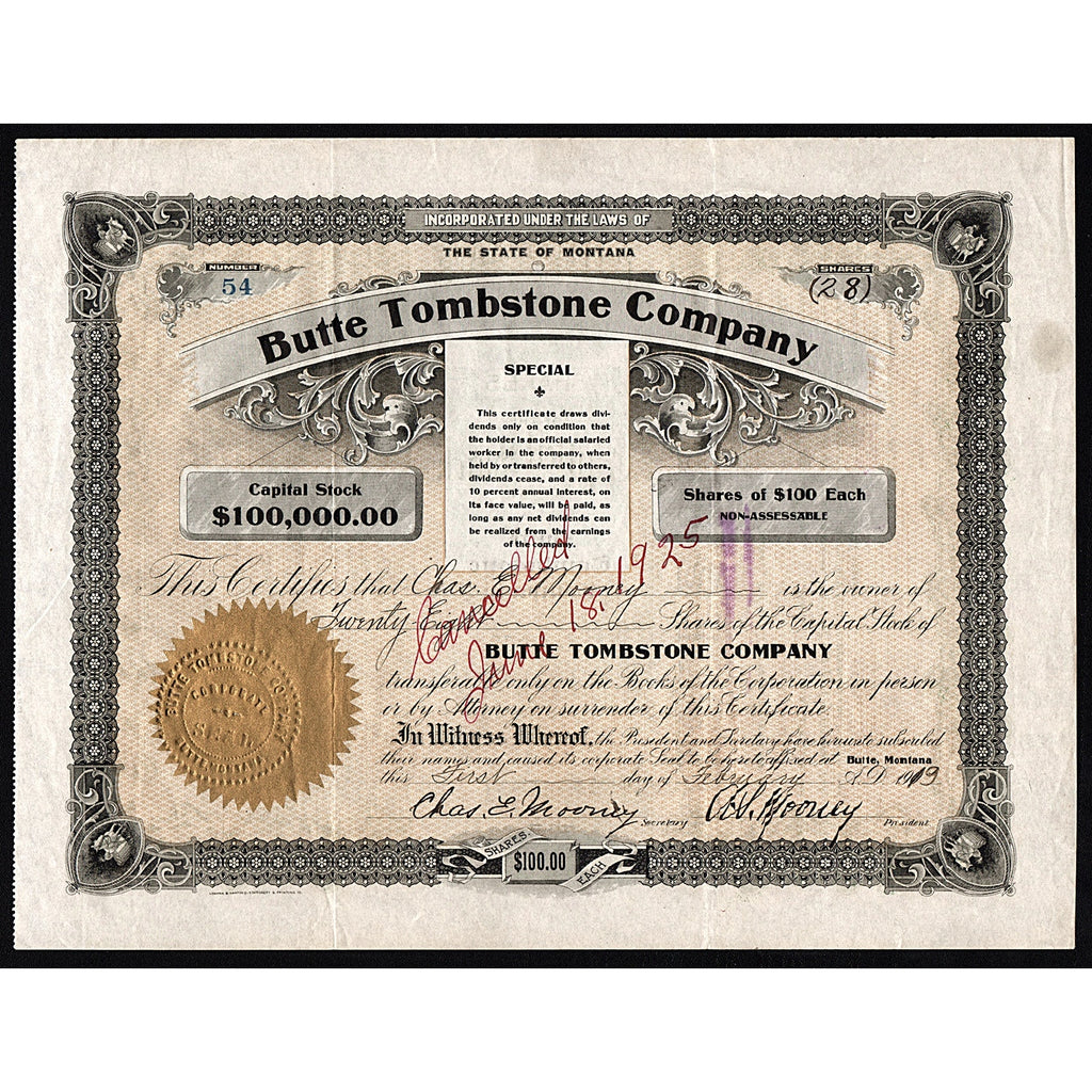 Butte Tombstone Company Montana Stock Certificate