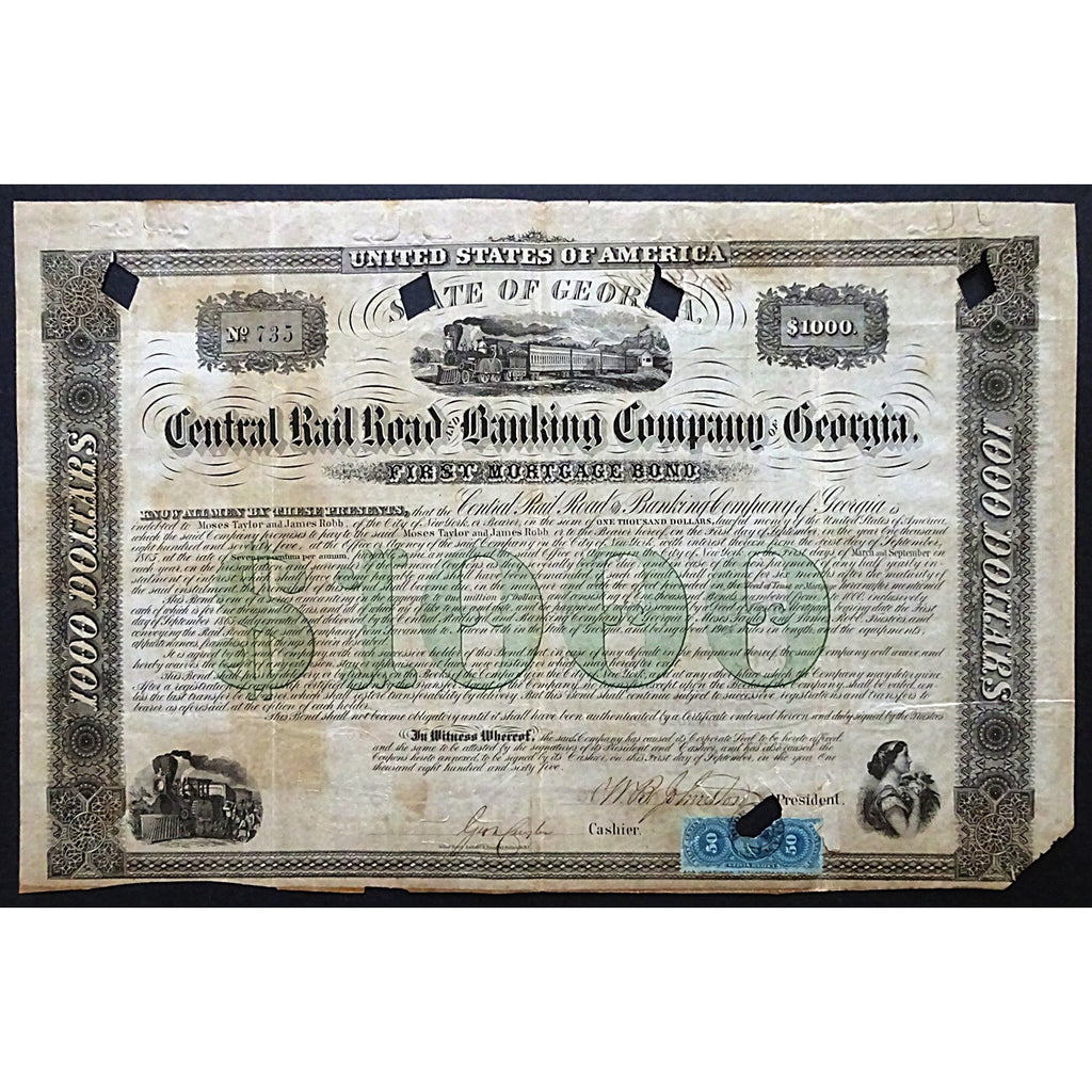 Central Rail Road and Banking Company of Georgia 1865 Bond Certificate