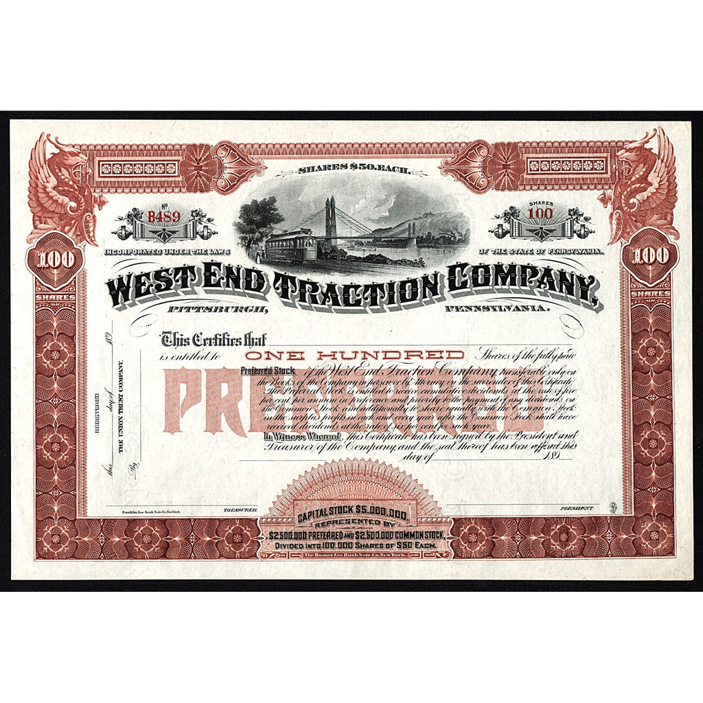 West End Traction Company Pennsylvania Stock Certificate