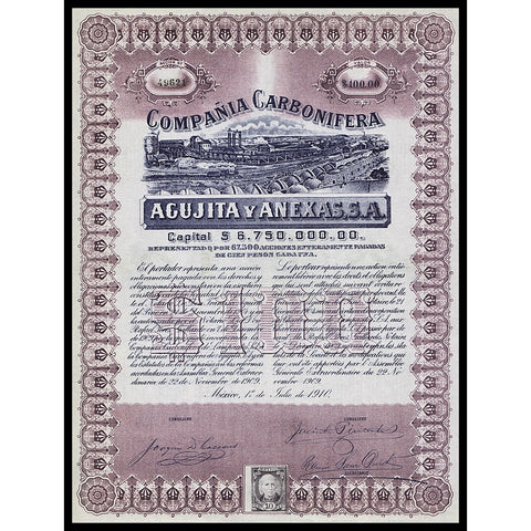 Compania Carbonifera Agujita y Anexas 1910 Mexico Stock Certificate