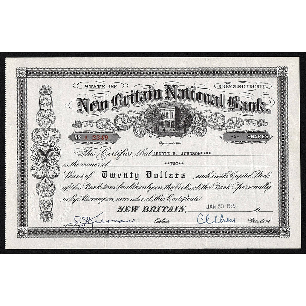 New Britain National Bank 1959 Connecticut Stock Certificate