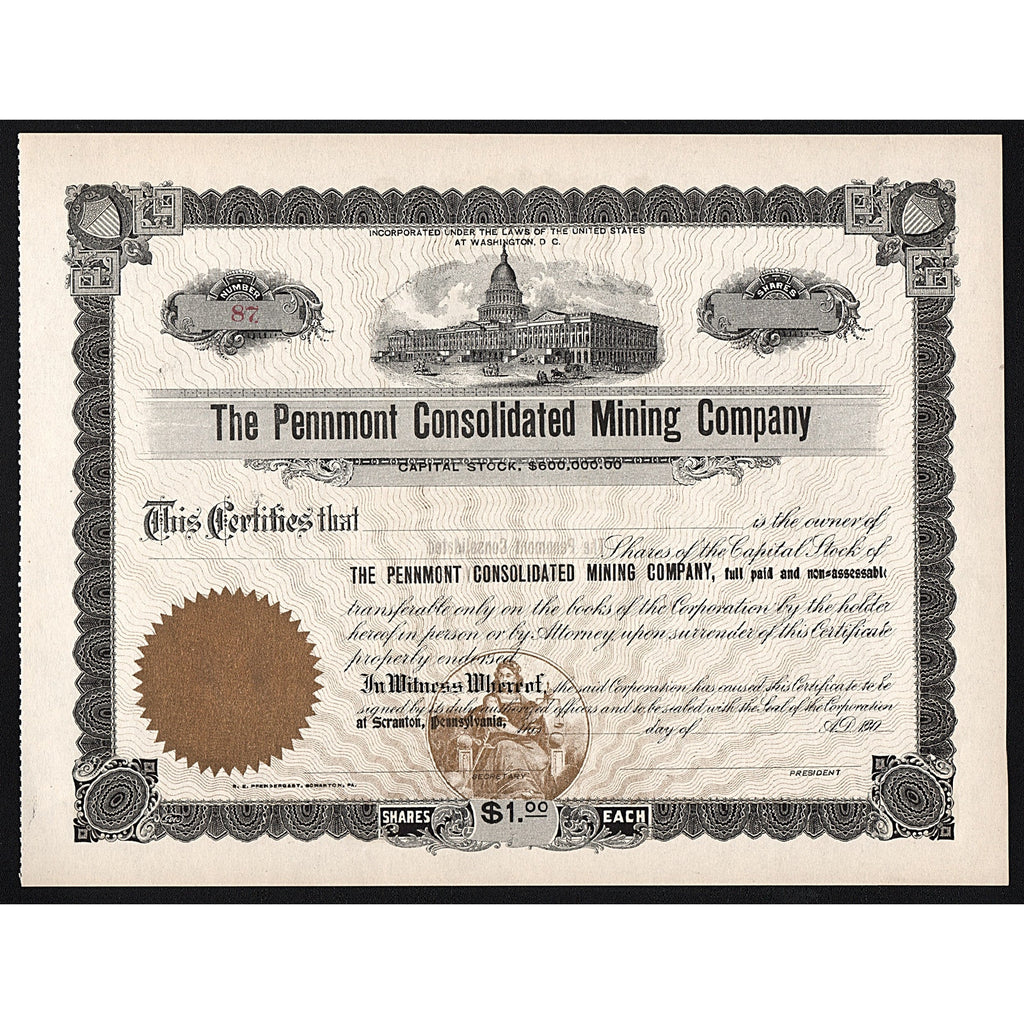 The Pennmont Consolidated Mining Company Washington DC Stock Certificate