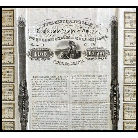 CSA Confederate States of America Cotton Loan, £100 / 2500 Francs Bond Certificate