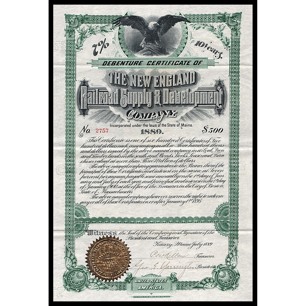 The New England Railroad Supply & Development Company 1889 Kittery Maine Bond Certificate