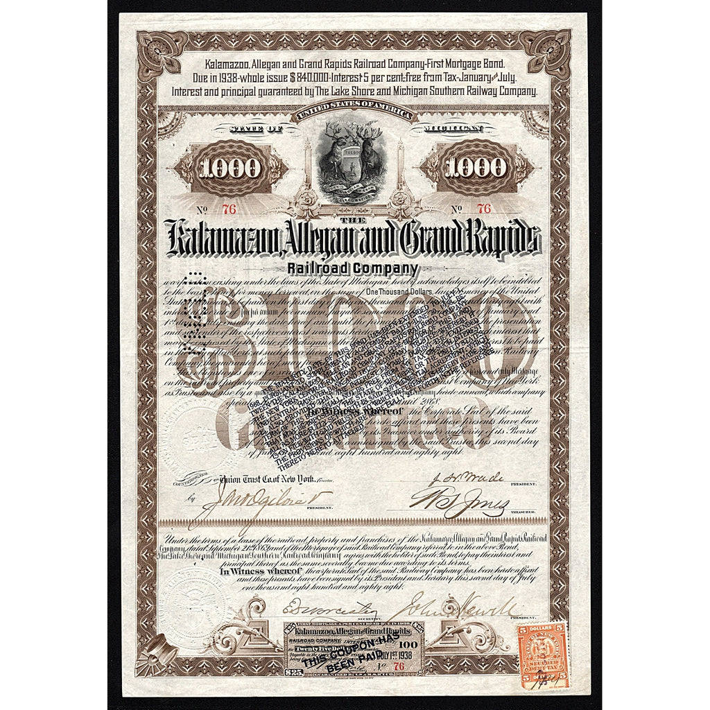 The Kalamazoo, Allegan and Grand Rapids Railroad Company (Jepha H. Wade) Bond Certificate