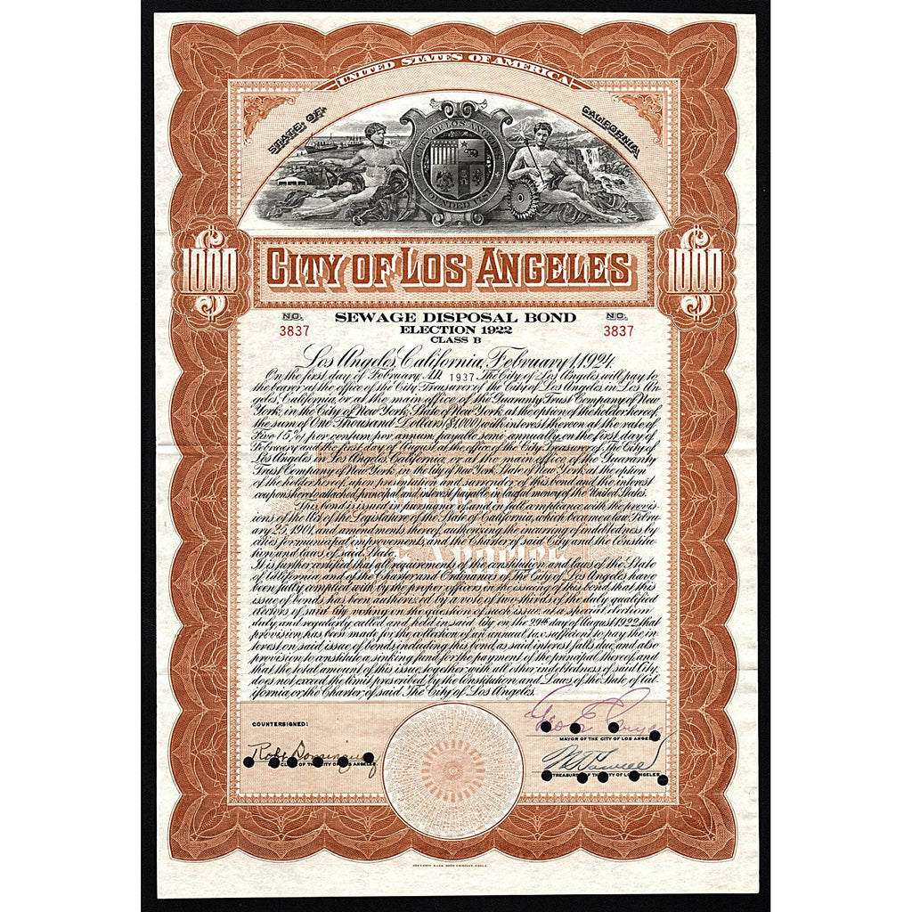 City of Los Angeles, Sewage Disposal Bond, Election 1922 Stock Bond Certificate