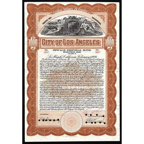 City of Los Angeles, Sewage Disposal Bond, Election 1922 Stock Bond Certificate