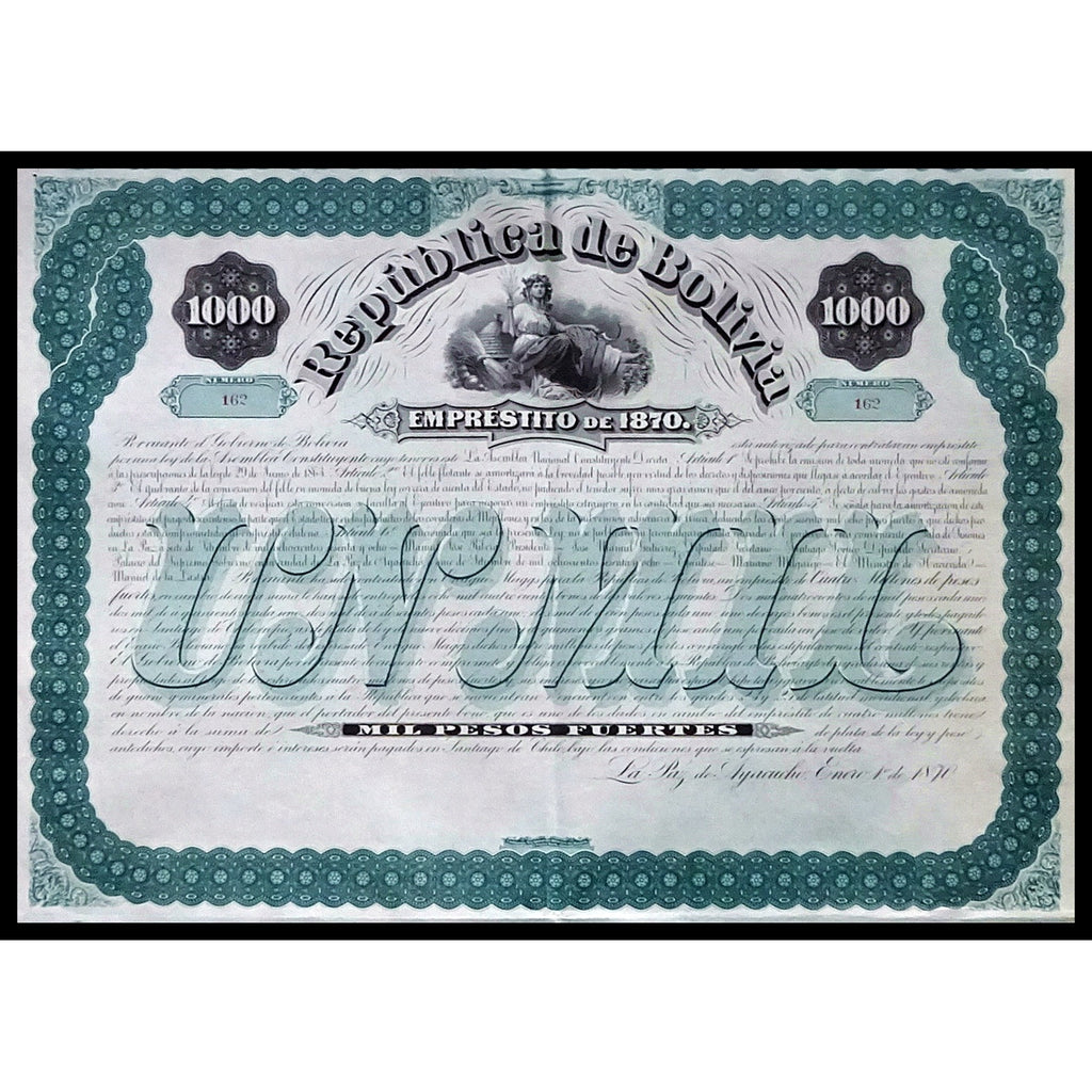Republica de Bolivia, Emprestito de 1870 - 1000 Pesos Stock Certificate