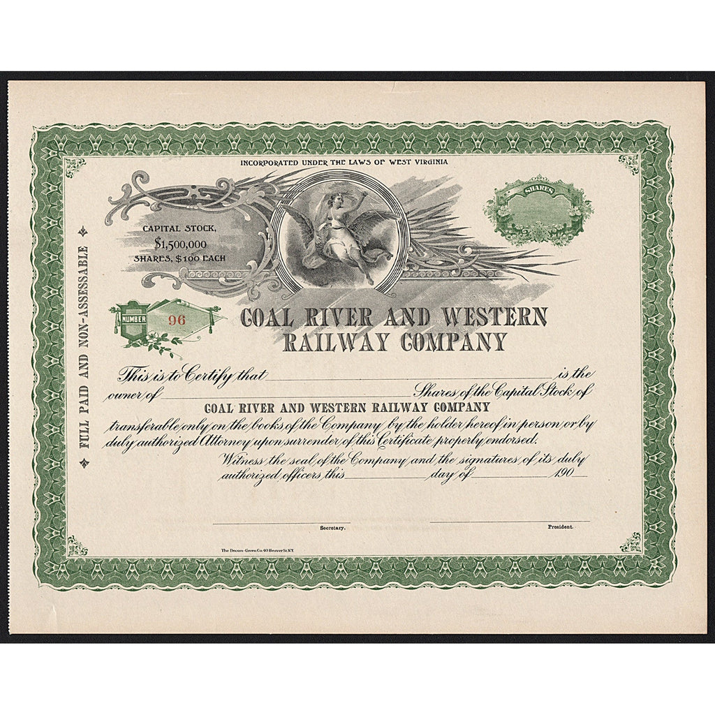 Coal River and Western Railway Company West Virginia Stock Certificate