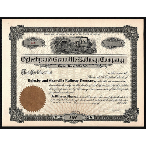 Oglesby and Granville Railway Company Illinois Stock Certificate