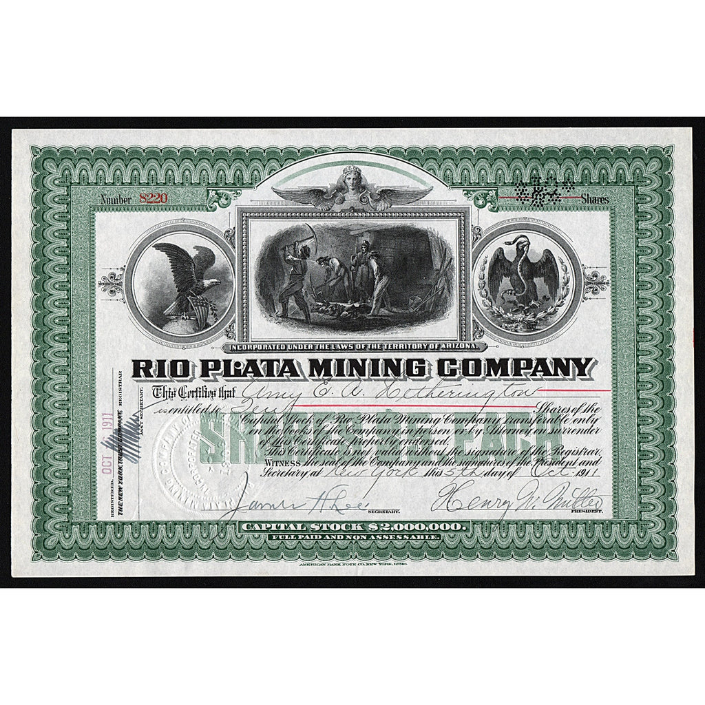 Rio Plata Mining Company 1911 Arizona Stock Bond Certificate