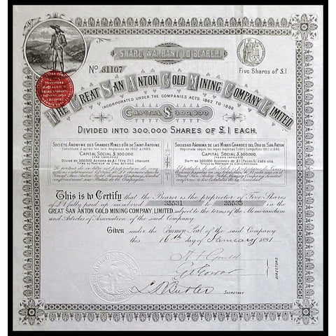  The Great San Anton Gold Mining Company 1915 Mexico Stock Certificate