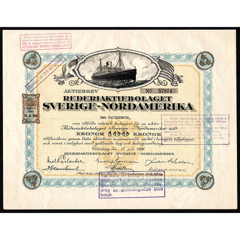 Rederiaktiebolaget Sverige-Nordamerika (Swedish American Line) 1916 Stock Certificate