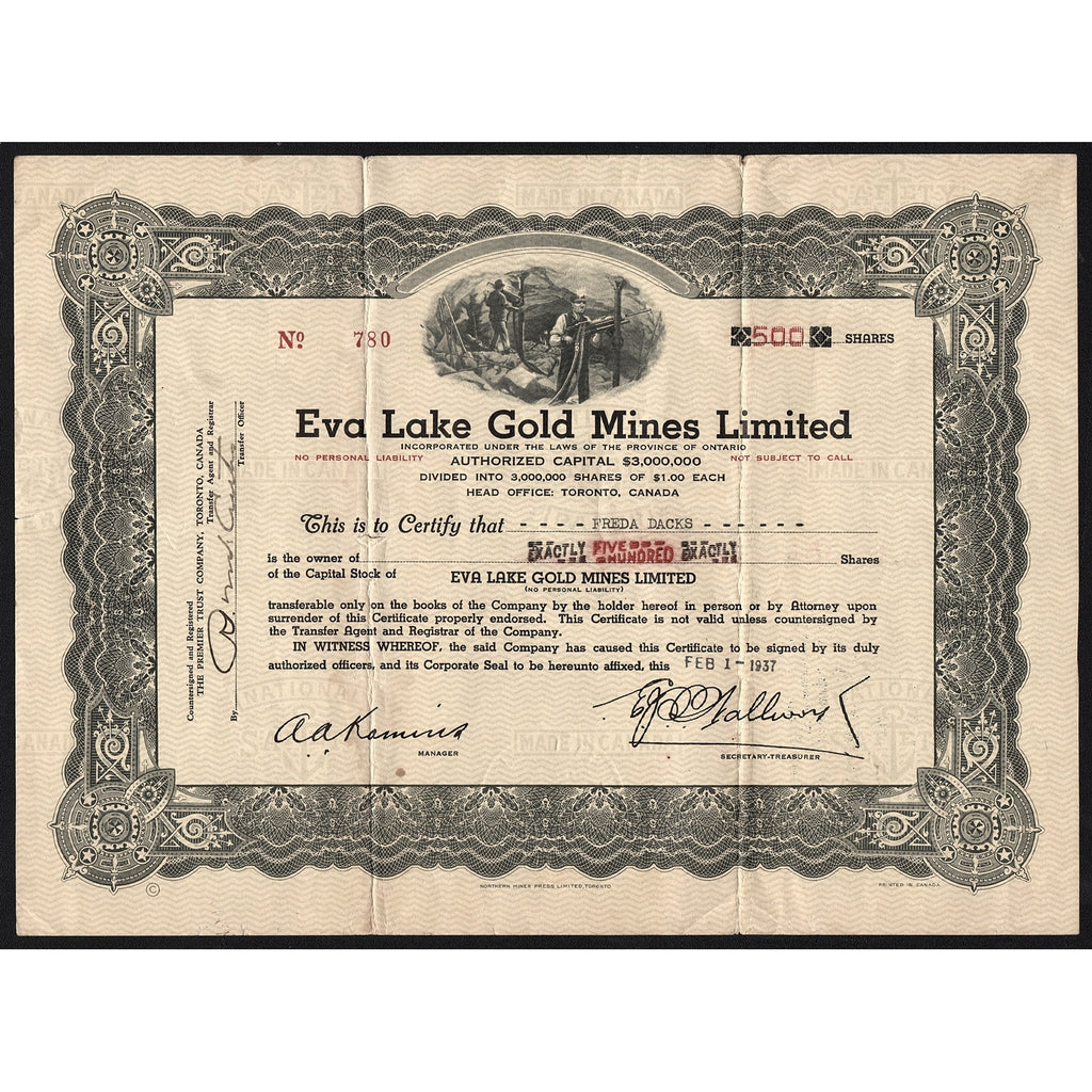 Eva Lake Gold Mines Limited Ontario Canada Stock Certificate