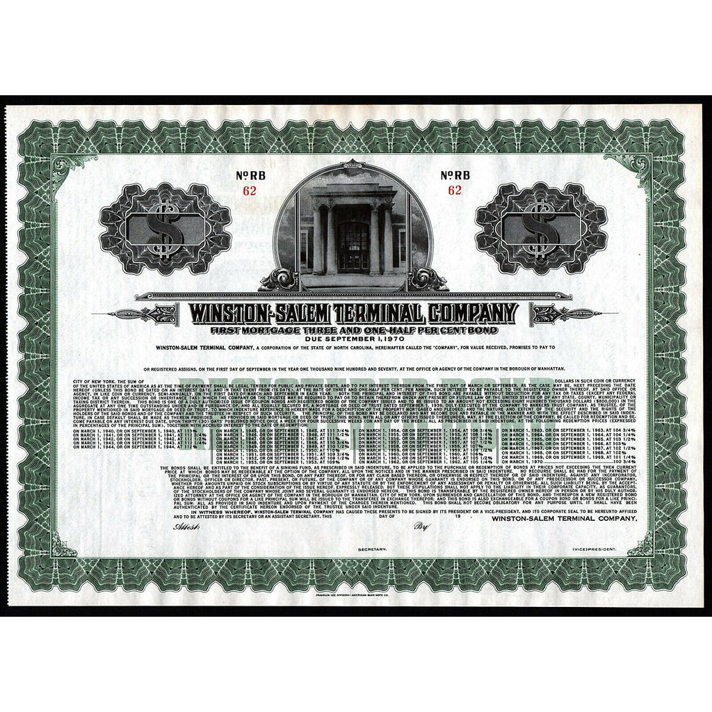 Winston-Salem Terminal Company North Carolina Bond Certificate
