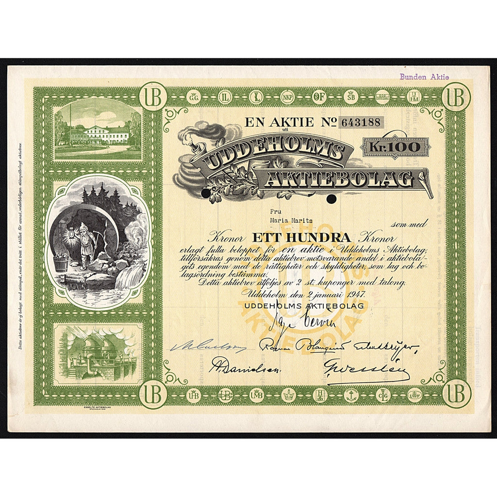 Uddeholms Aktiebolag Sweden Stock Certificate