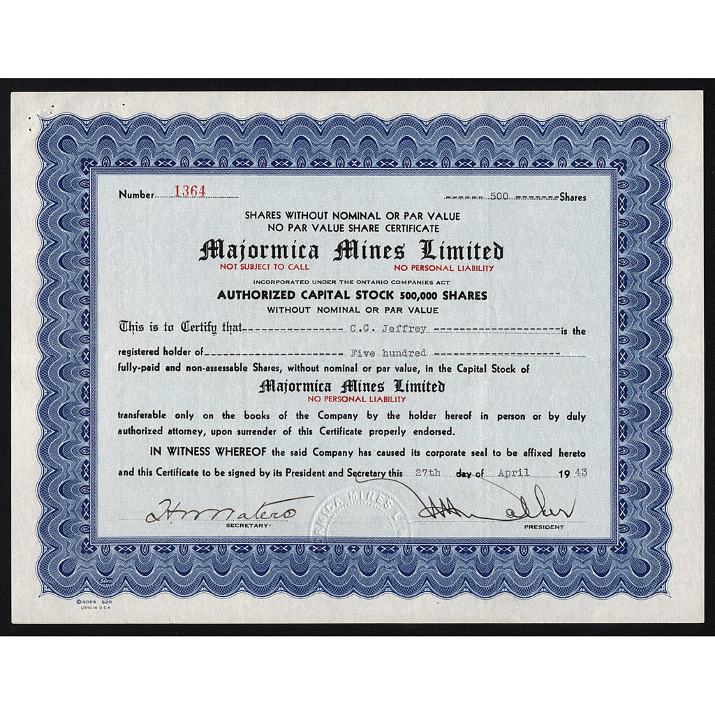 Majormica Mines Limited Ontario Stock Certificate