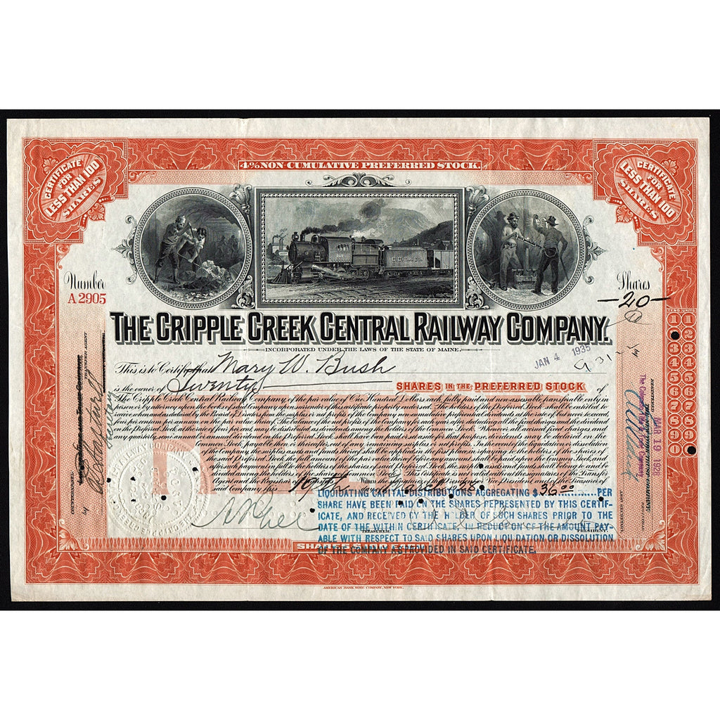 The Cripple Creek Central Railway Company 1928 Maine Stock Certificate