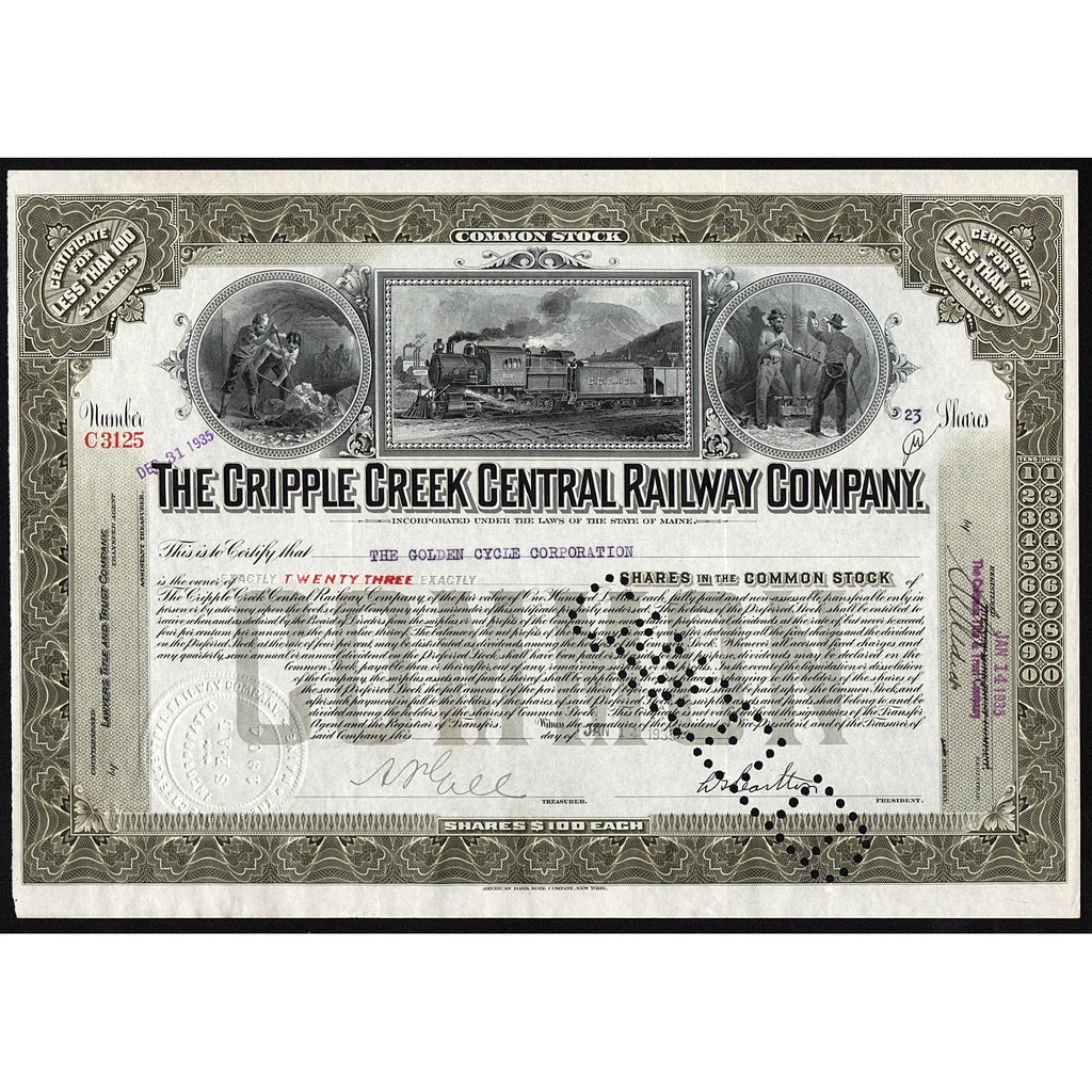 The Cripple Creek Central Railway Company 1935 Stock Certificate