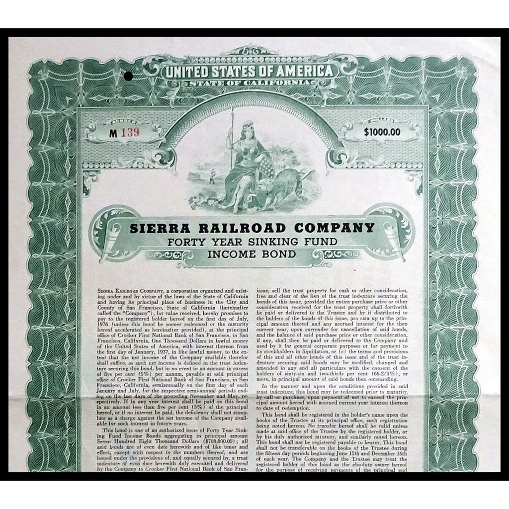 Sierra Railroad Company 1936 California Bond Certificate