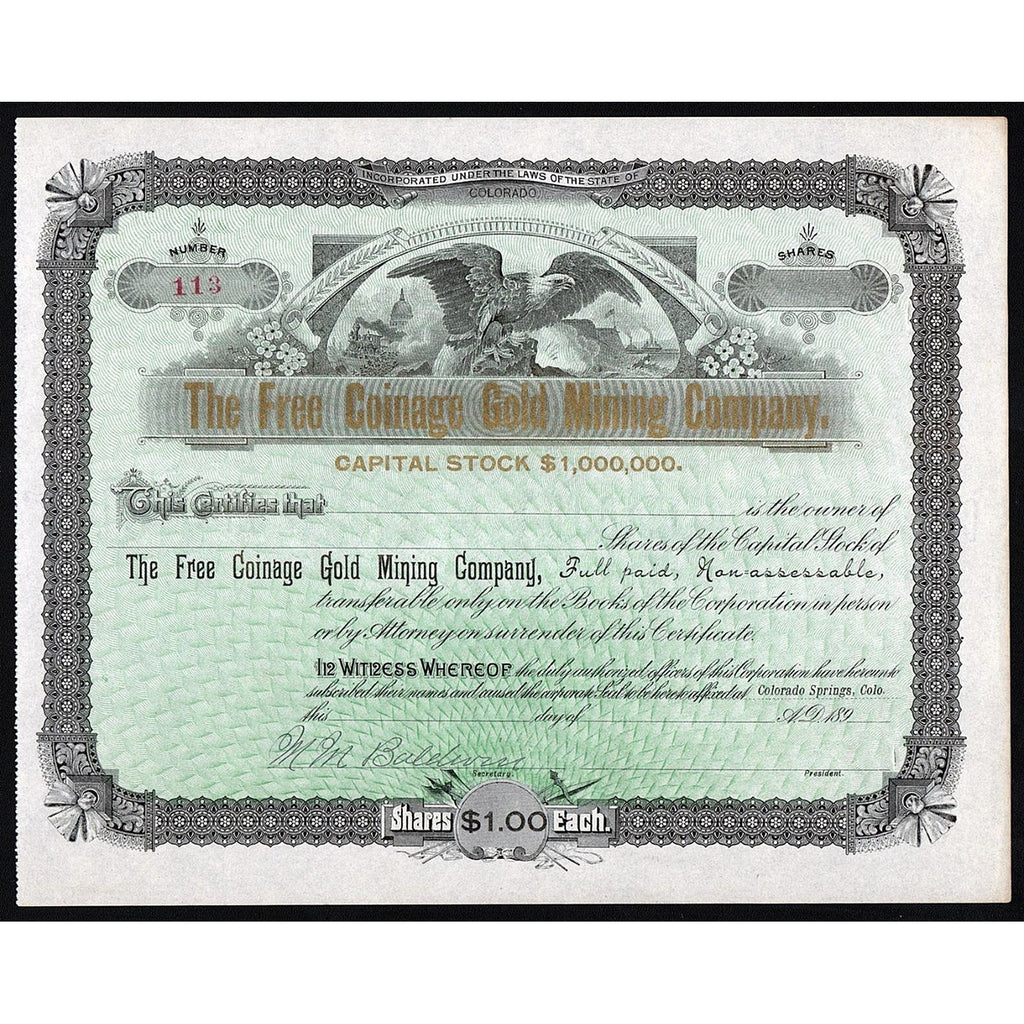 The Free Coinage Gold Mining Company Colorado Springs Stock Certificate